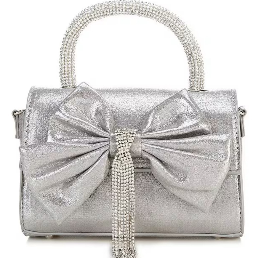 Antonio Melani Metallic Bow Top Handle Satchel Bag In Silver | NWT